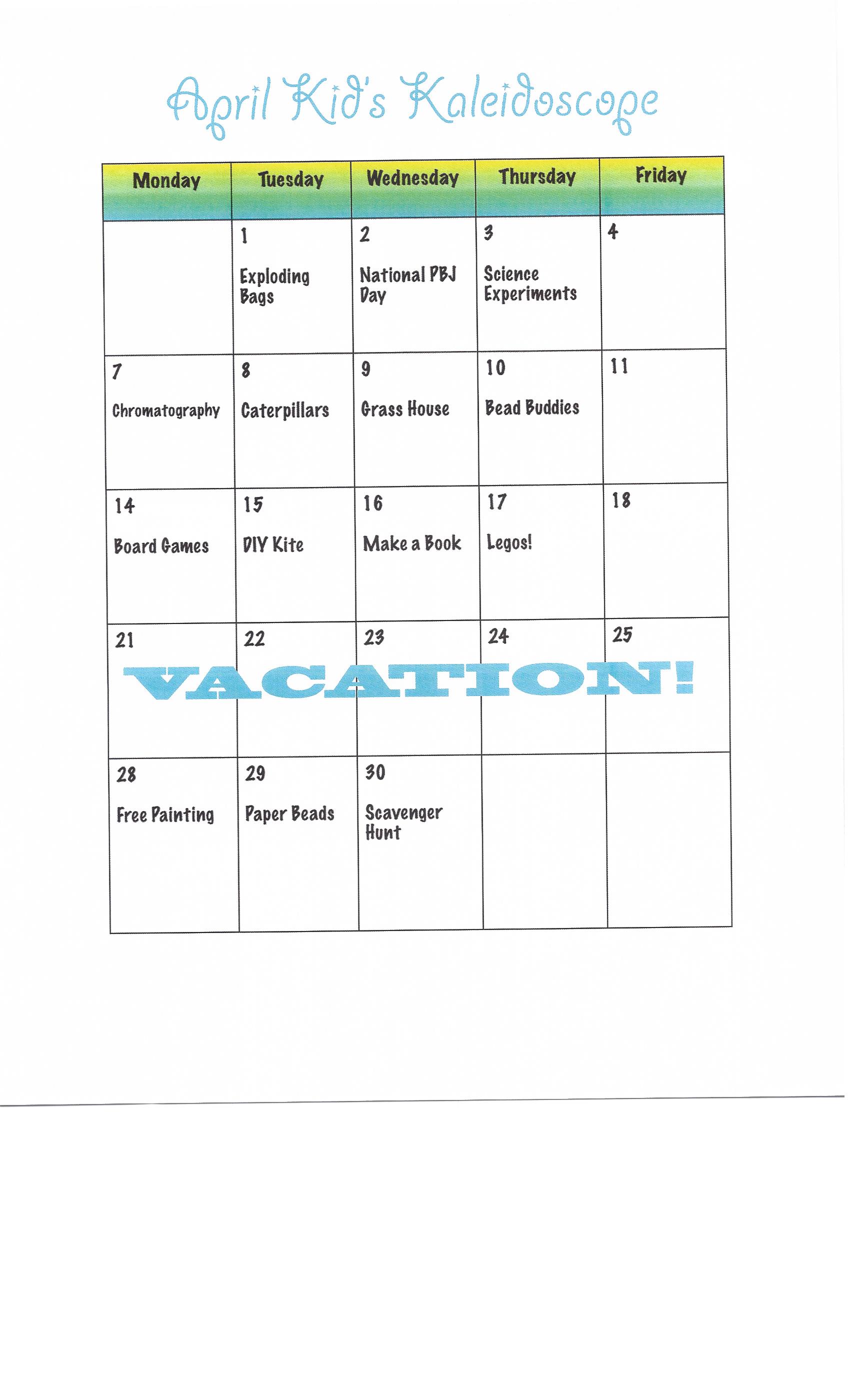 CALENDER AND REGISTRATION APRIL 20140001 Bartlett Recreation